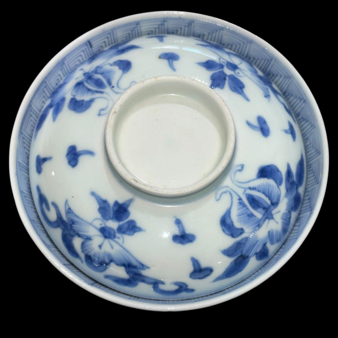古伊万里　染付　花びら文様の図　小振蓋茶碗　２客　E877AS-fbss 古伊万里 染付 花びら文様の図 小振蓋茶碗 2客 E877AS-fbss 工芸品