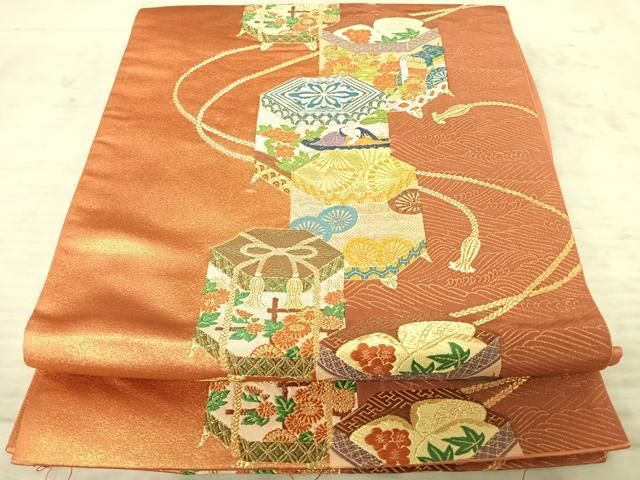 平和屋着物◎六通柄袋帯 唐織 貝桶花文 金糸 正絹 逸品