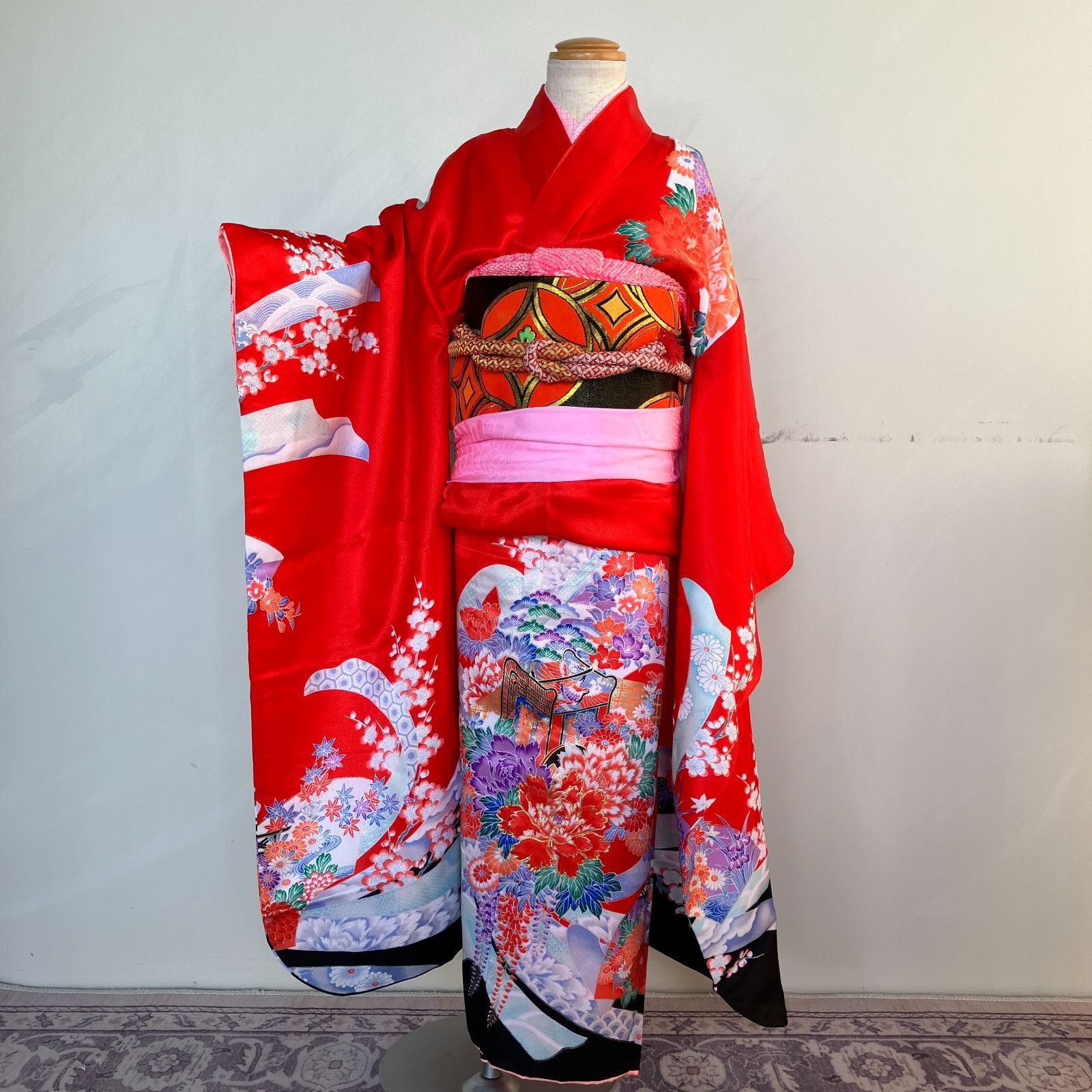 人気赤色 七五三 7歳女の子 着物 四つ身 赤 長襦袢 作り帯セット 帯揚げ帯締めしごき付き ビンテージ きもの猫田 T321