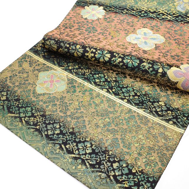 新品 正絹 袋帯 西陣 となみ織物 花苑春水文 百樂 未仕立て品 4464