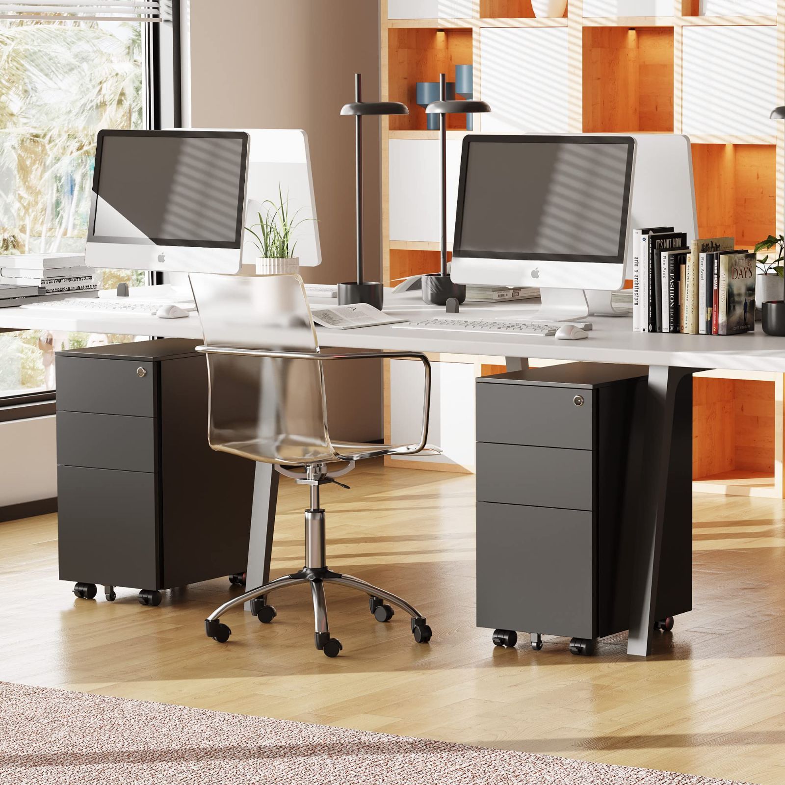 数量 オフィスワゴン キャビネット サイドワゴン 幅300*奥行435*高さ600mm スリム型 コンパクトサイズ デスクワゴン キャスター付き 鍵付き スリムワゴン 3段オールロック A4対応 丈夫なスチール製 DEVAISE サビ止め塗装 ブラック