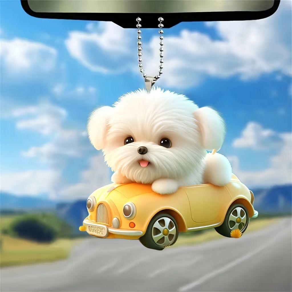 キーホルダー 白い犬 かわいい 子犬 2D アクリル 8cm 車の上に