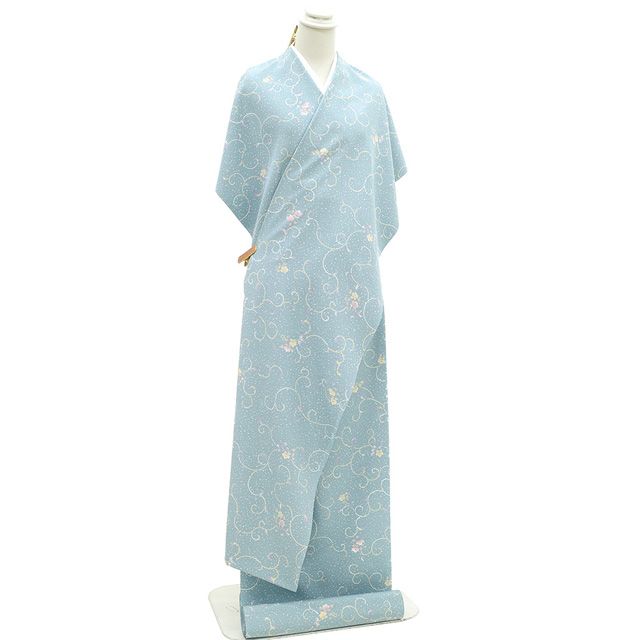 東レ シルック 小紋 着物 着尺 反物 浅縹色 くすみ 水色 花唐草 洗える着物 おしゃれ カジュアル 東レシルック 春 秋 冬 未仕立て みやがわ sb 15029