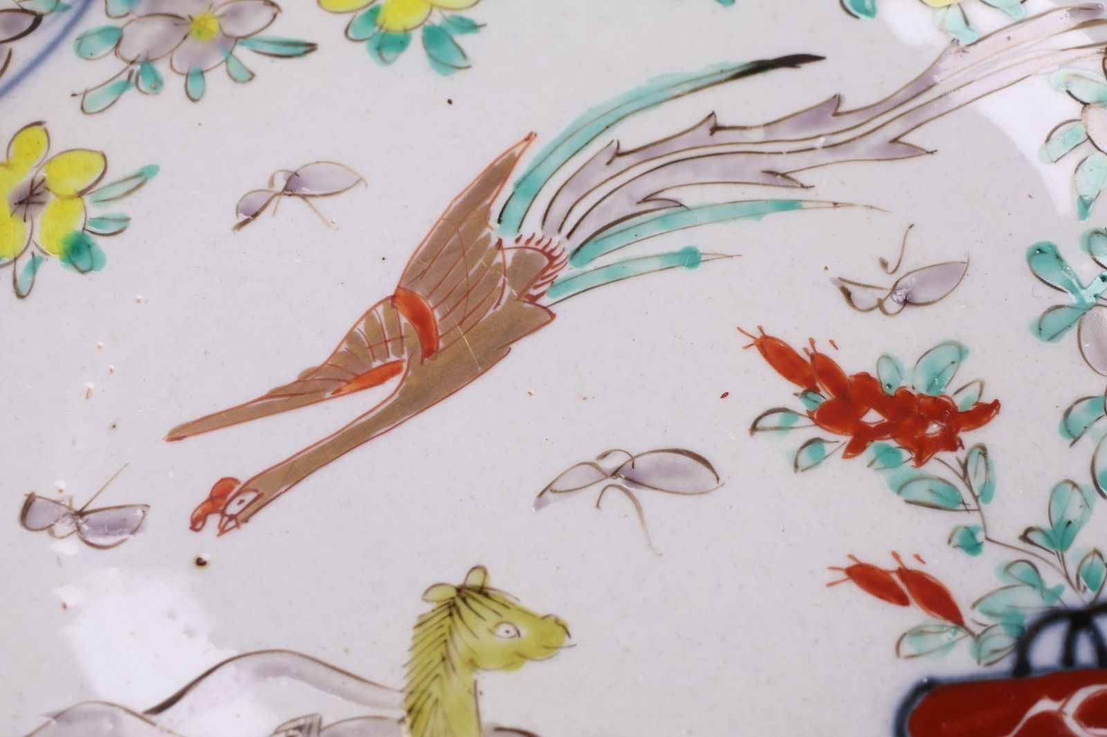 853 色絵 花 鳳凰 馬 古伊万里 伊万里焼 骨董 アンティーク 中皿 7寸皿