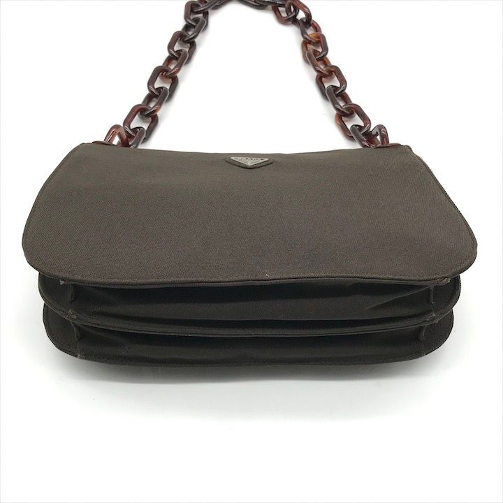 良品 PRADA プラダ 三角ロゴ プレート べっ甲調 チェーン ショルダー  