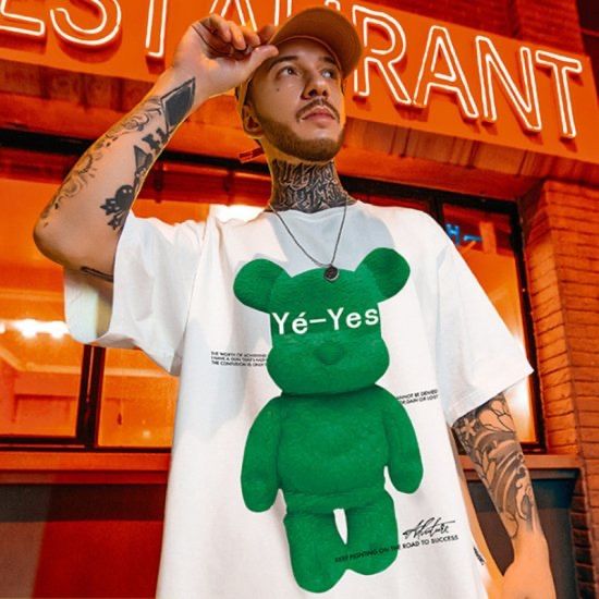 韓国 メンズ くま ベア Yes ストリート 半袖 Tシャツ ブラック 白