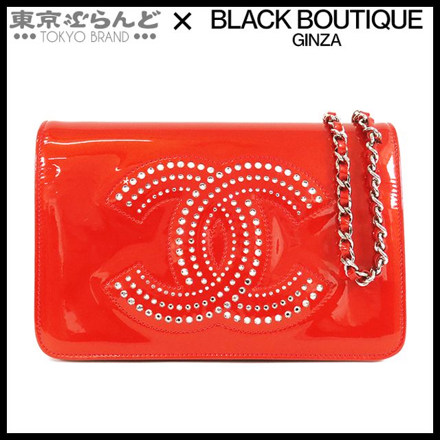 シャネル CHANEL ストラスCC ココマーク チェーンウォレット レッドxオレンジ パテントレザー ラインストーン 13番台 チェーンショルダーバッグ レディース 101752445