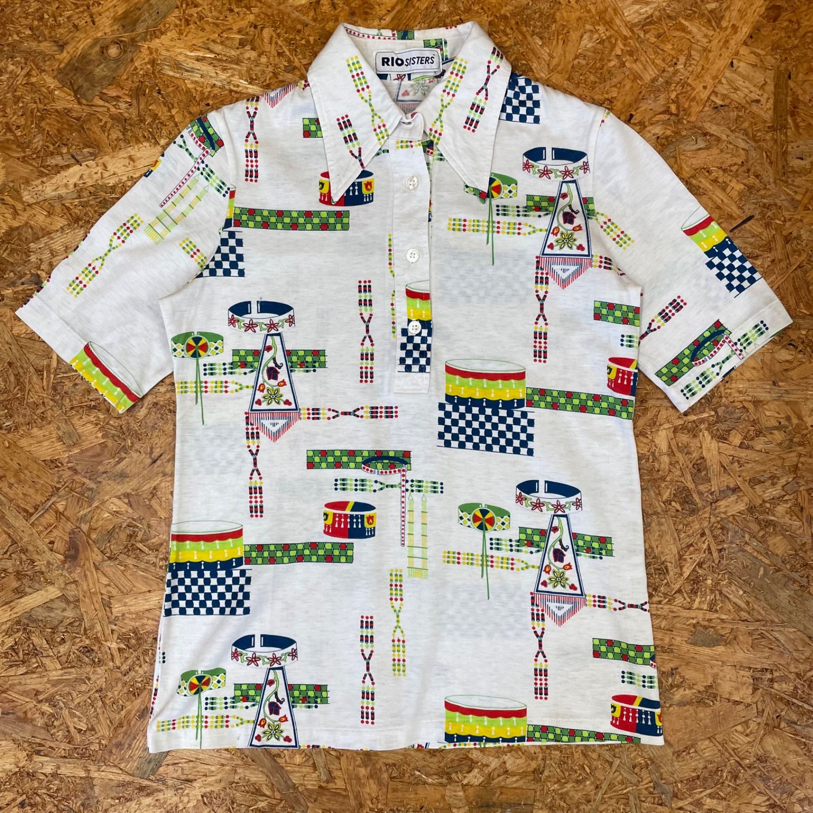 70s 昭和レトロ RIO SISTERS 総柄ポロシャツ レディース 70年代 Ladies 