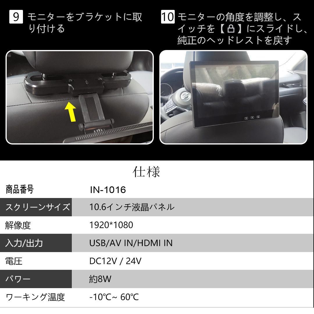 mp4AVI10.6インチ DVD 1080P リアモニター 車載モニター  薄型 2台