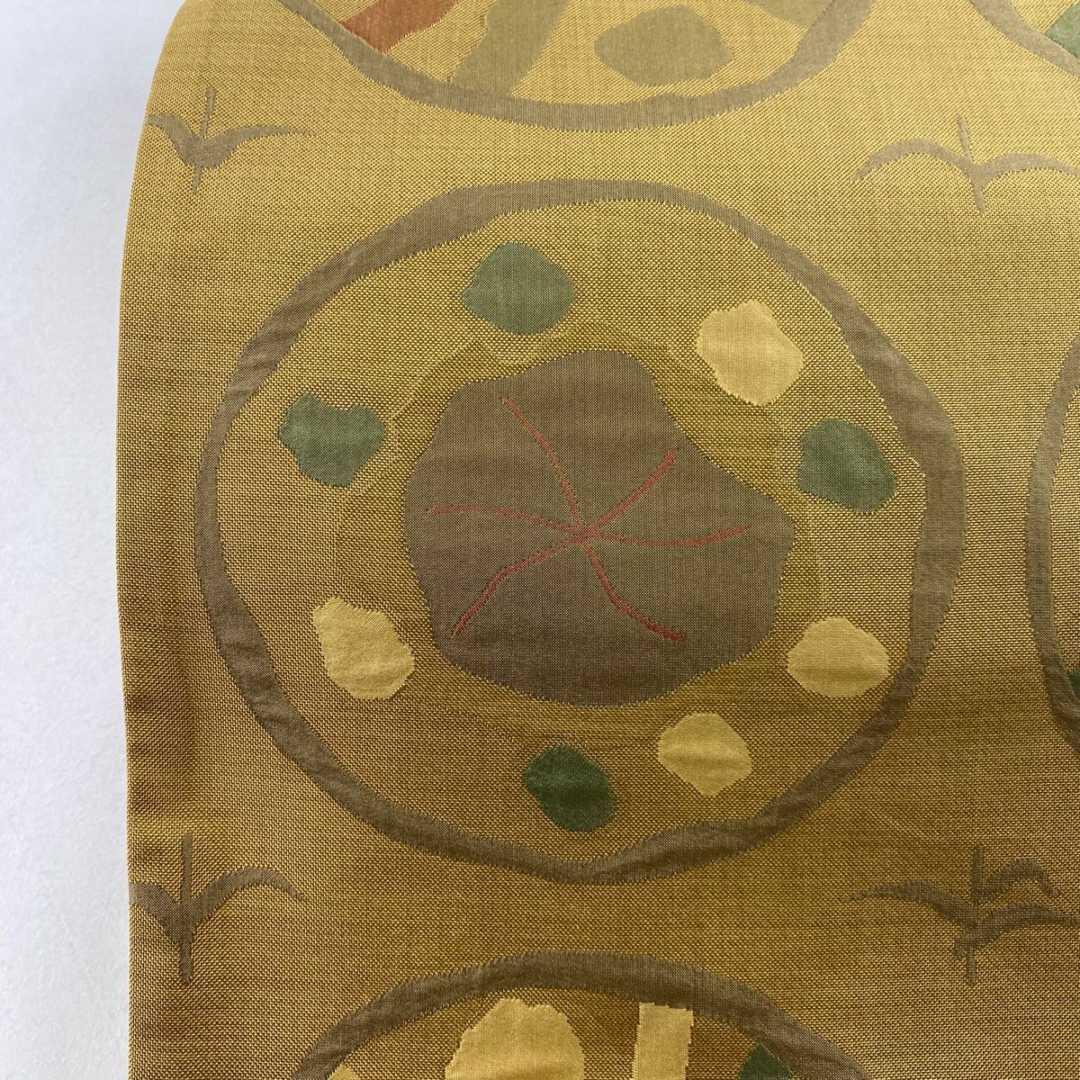 袋帯 美品 名品 木屋太 落款 紬地 丸文 幾何学 黄土色 六通 正絹