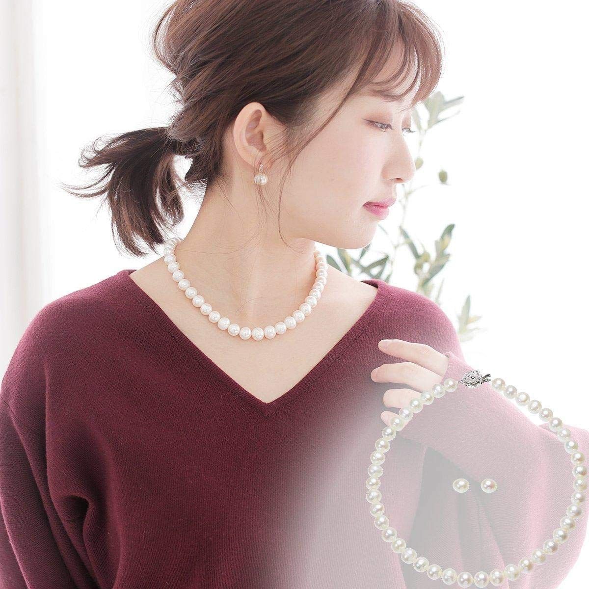 パール ネックレス 冠婚葬祭 セット 本真珠 淡水真珠 大粒 約9.0mm-10.5mm 42cm ホワイト イヤリング