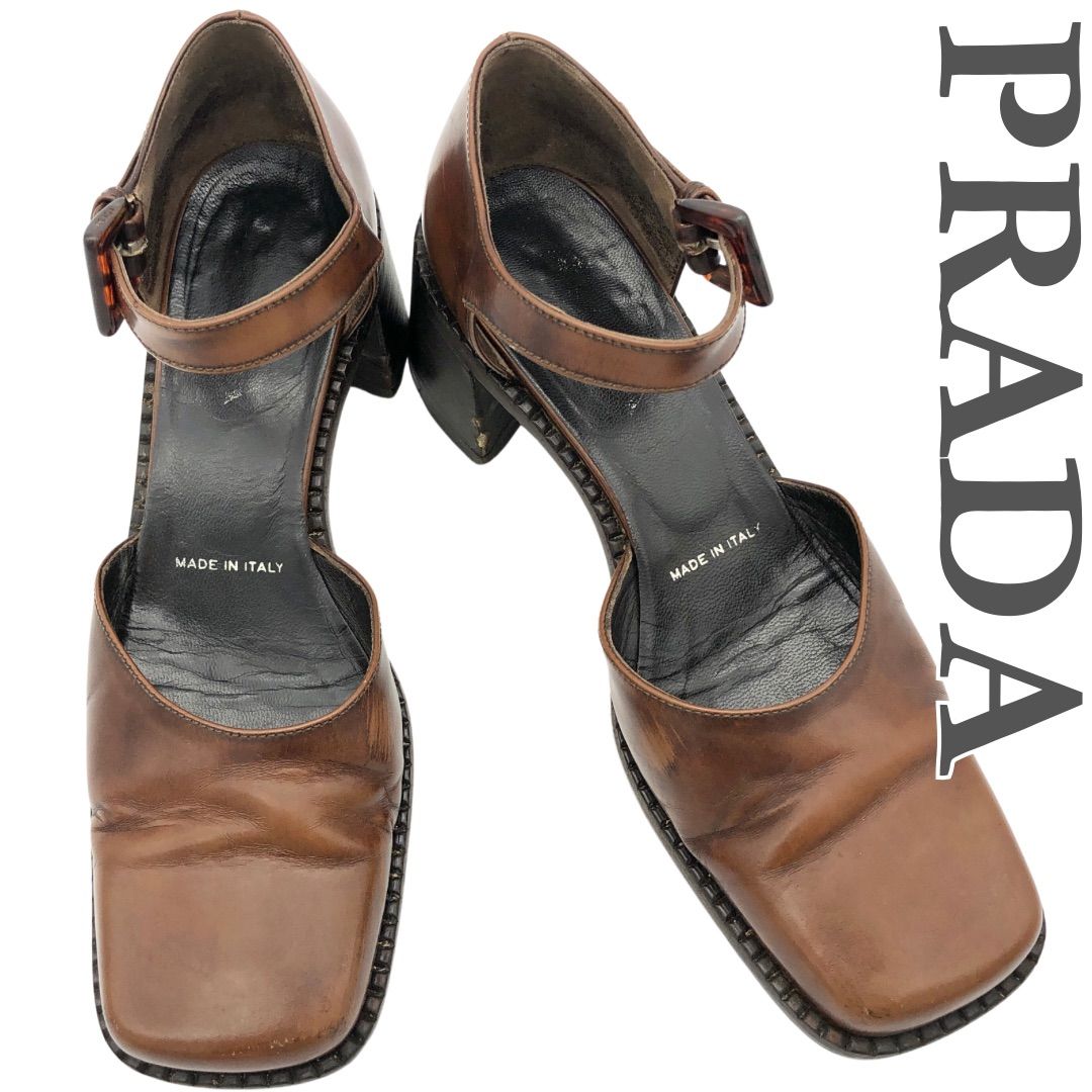 美品 PRADA プラダ スエード ストラップ チャンキーヒールパンプス 38