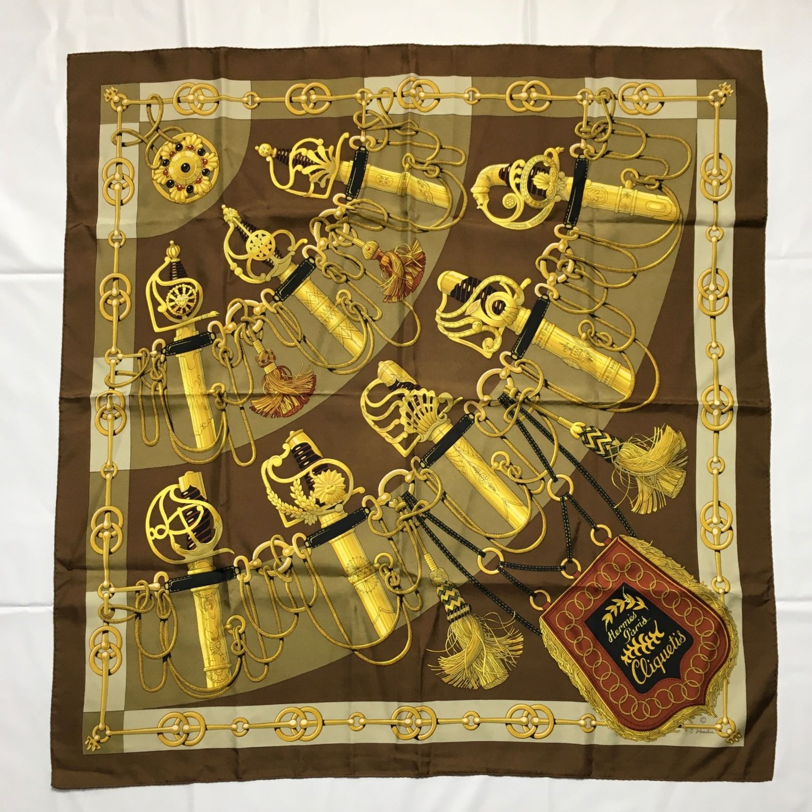 2504-198｜美品｜エルメス カレ 90 スカーフ シルク ブラウン