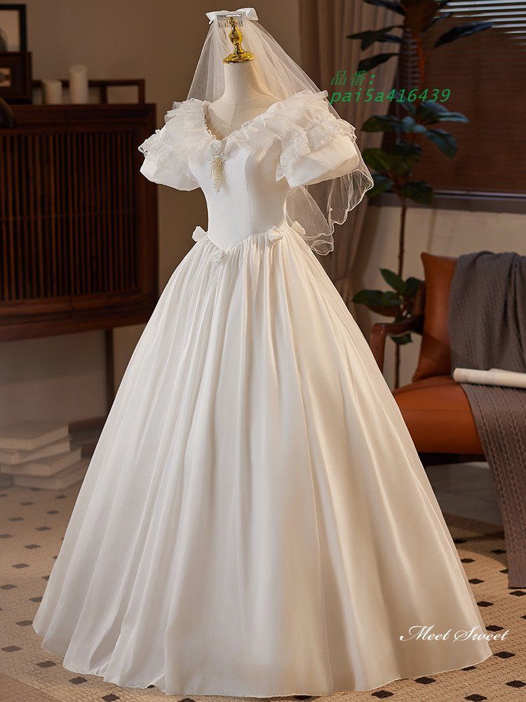 ウェディングドレス ロングドレス プリンセスドレス Aラインドレス 半袖 パフスリーブ 前撮り 結婚式 ウエディングドレス 二次会 サテン 花嫁 ブライダル pai5a416439 WWW_MORNINGWALKER_COM