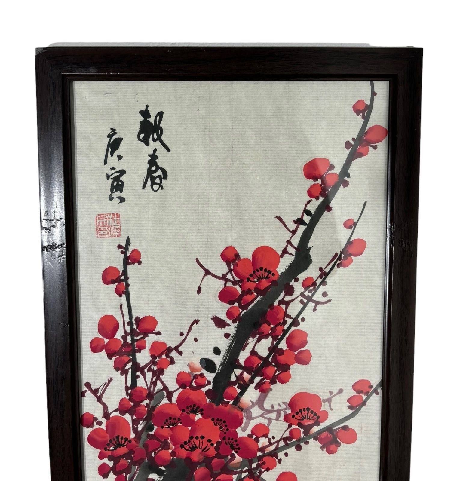 中国現地買付 水墨画【紅梅】額装 壁掛 絵画 色絵 民国 古美術