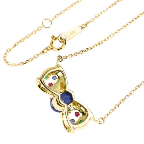 K18YG サファイア エメラルド ルビー ペンダントネックレス リボン