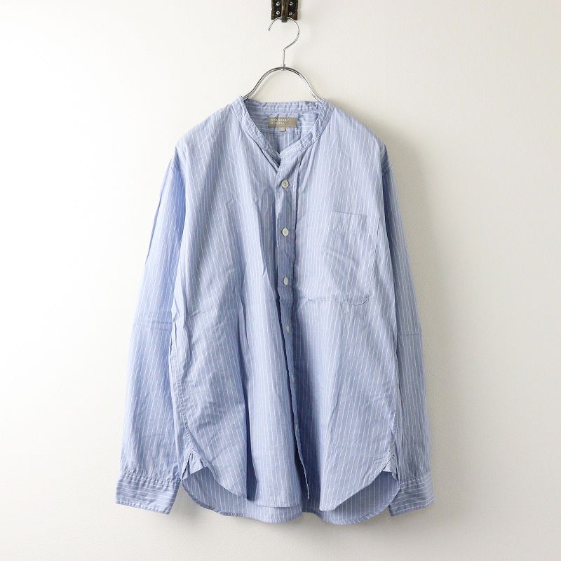 美品　22SS マーガレットハウエル バンドカラー ストライプ 半袖シャツ 夏色✨マーガレットハウエル バンドカラーストライプシャツ 水色