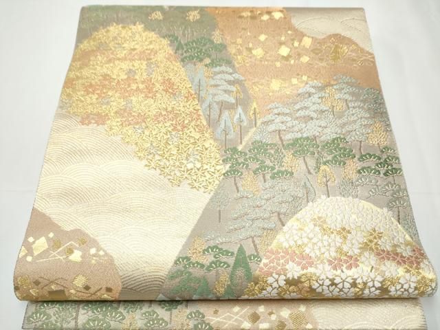 袋帯 六通柄袋帯 金糸 ゴールド 霞文様に唐織 花菱 パープル 紫