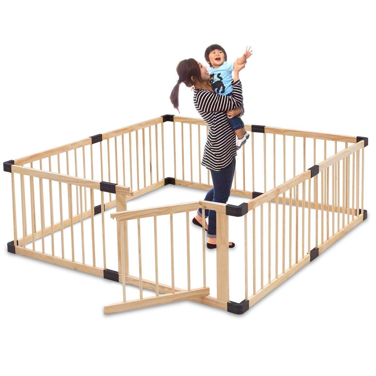 RiZKiZ 木製ベビーサークル ドア付き 167cm×167cm×55cm ナチュラル 8枚セット 大きさ 形組み換え 簡単設置