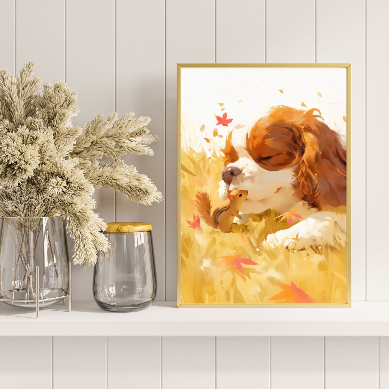  栗鼠犬戯舞 - キャバリア キングチャールズ スパニエル犬の子犬 No.2 リス 紅葉 秋 子犬 ペットロス うちの子記念日 アートポスター 犬の絵 犬のイラスト 犬雑貨 オーナーズグッズ 犬用品