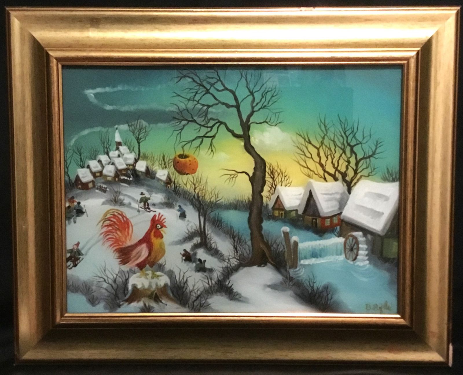 クロアチア 素朴派 ブラニミール・ビイェリッチ作 雪の農村風景 ガラス