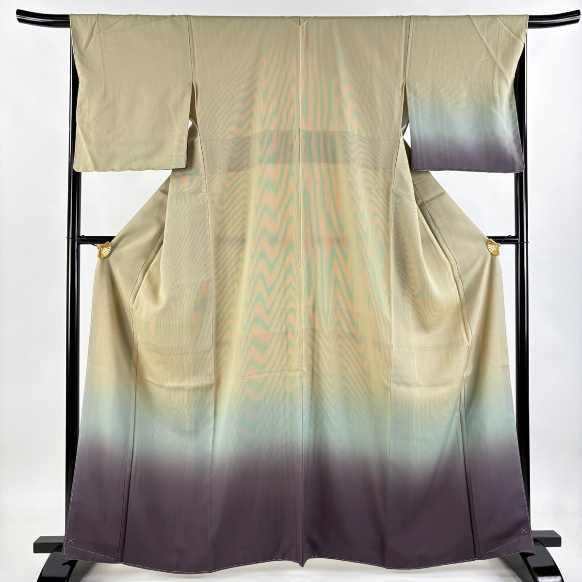 付下げ 身丈164cm 裄丈67cm M 袷 鈴乃屋 縞 染め分け ベージュ 正絹 美