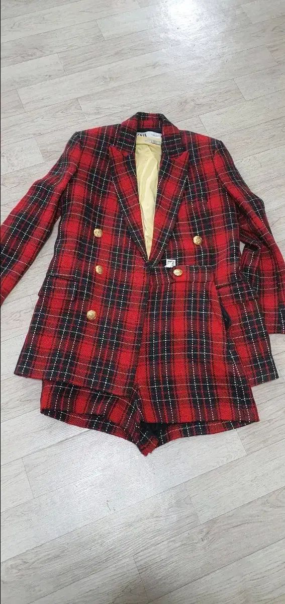 ZARA レッド CHECK ダブル ボタン ジャケット