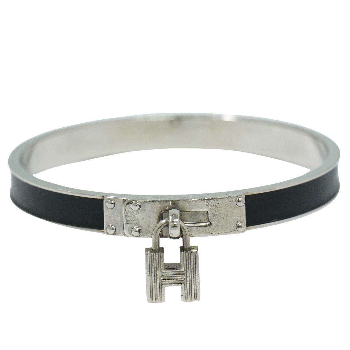 HERMES エルメス ケリーバングル シルバー×ブラックレザー 本物 エルメス HERMES ケリー バングル ブレスレット メタル レザー