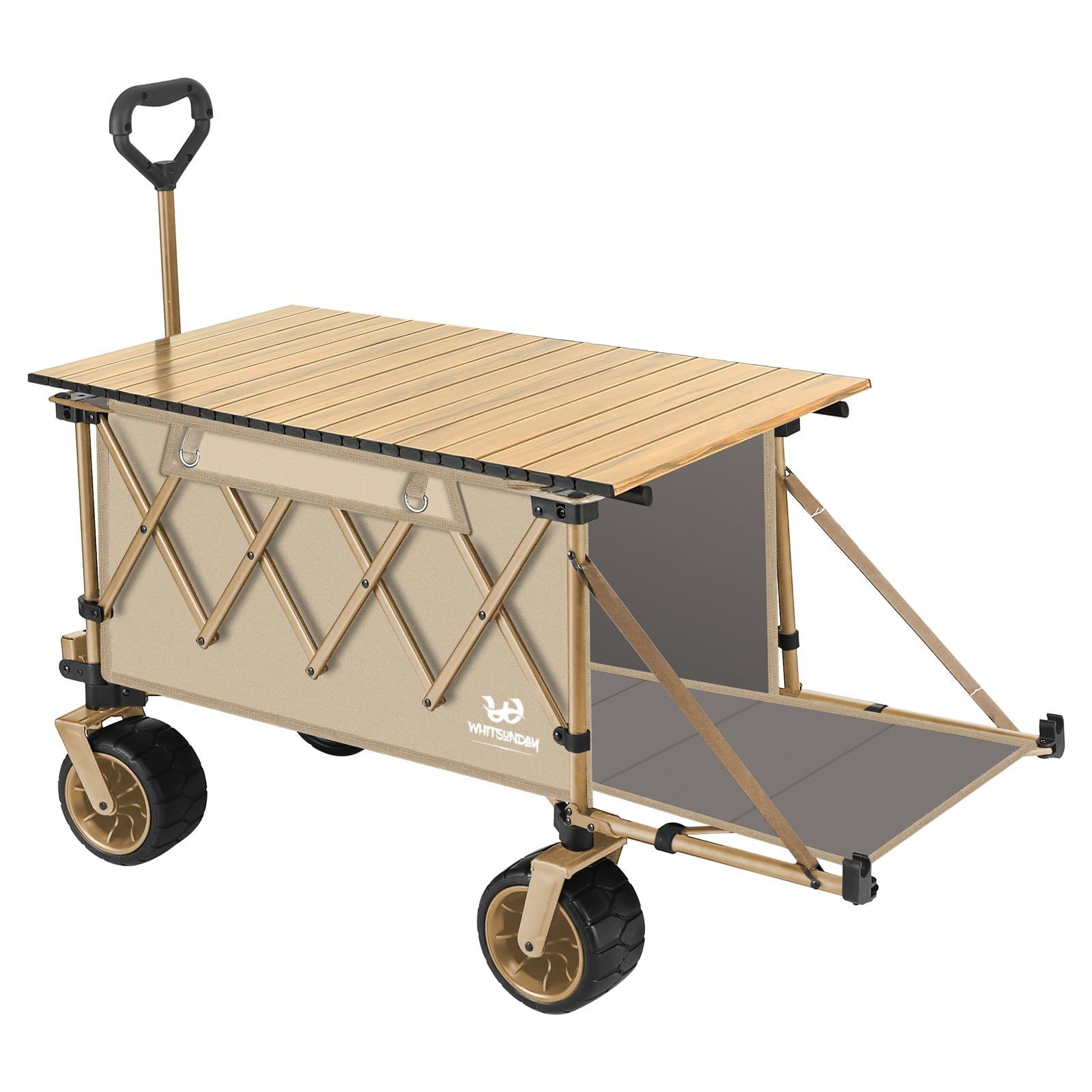 耐荷重200kg 長物対応 キャリーワゴン ベアリング付き ワンタッチ収束型 後部展開可 特大容量300L 自立収納 キャリーワゴン キャリーカート アウトドアワゴン キャンプカート カーキ 大
