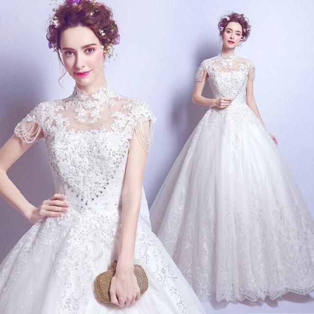 ウェディングドレス Aライン ロング丈 ロングドレス 結婚式ドレス 立ち襟 チャイナドレス フリンジ ラインストーン キレイめ ホワイトドレ