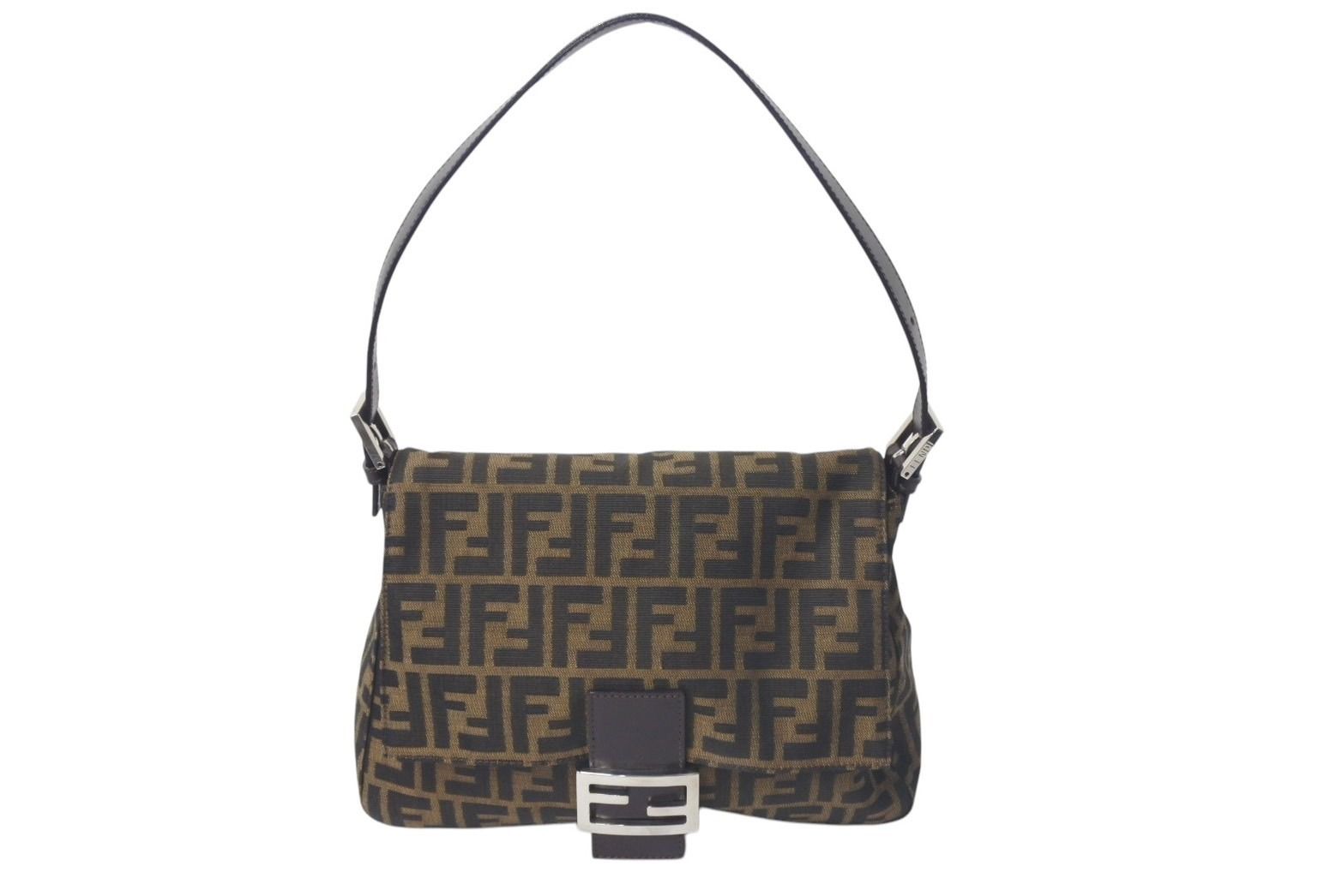 極美品 FENDI フェンディ マンマバケット ショルダーバッグ ズッカ柄 26325 ブラウン コットンキャンバス レザー シルバー金具 中古 4c075653