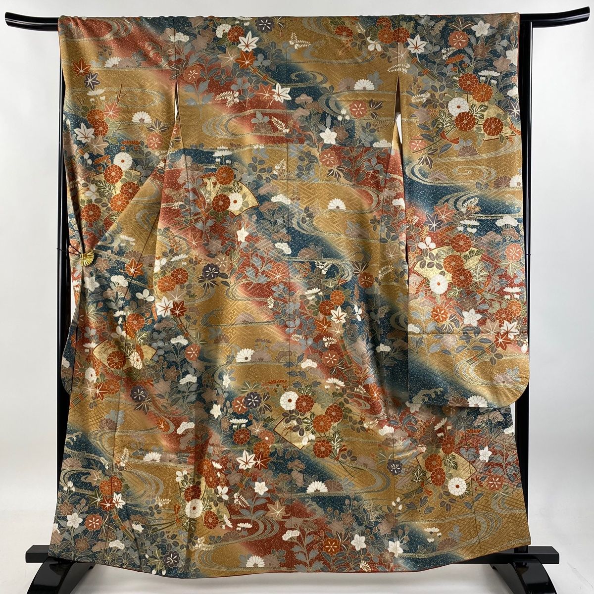 振袖 身丈160.5cm 裄丈65cm M 袷 扇面 草花 金糸 金彩 山吹茶色 正絹 秀品