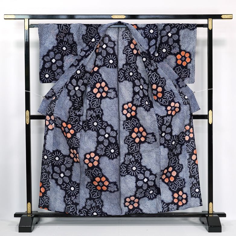 夏着物 浴衣 有松鳴海本絞り 花模様 青褐色 K-4974