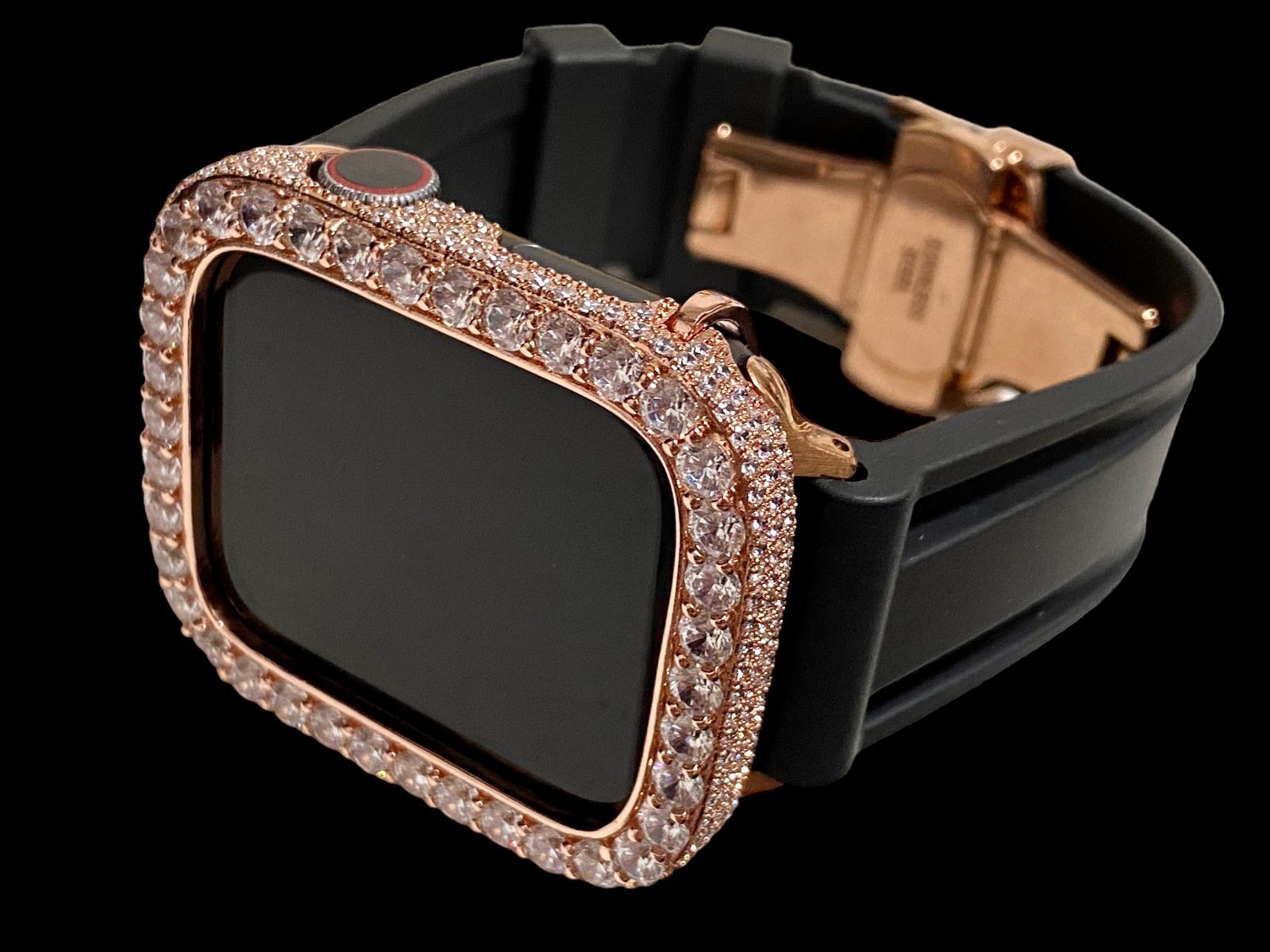 超 大粒ローズゴールド×ブラック AppleWatchキラキラケース カバー アップルウォッチ ラバーバンド ベルト 40mm 41mm 44mm