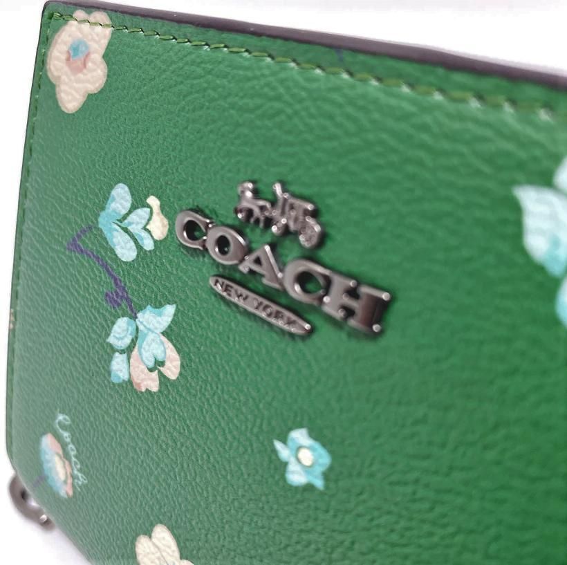 COACH 新品 花柄 グリーン 折り財布 コーチ フラワー 緑 財布 W23