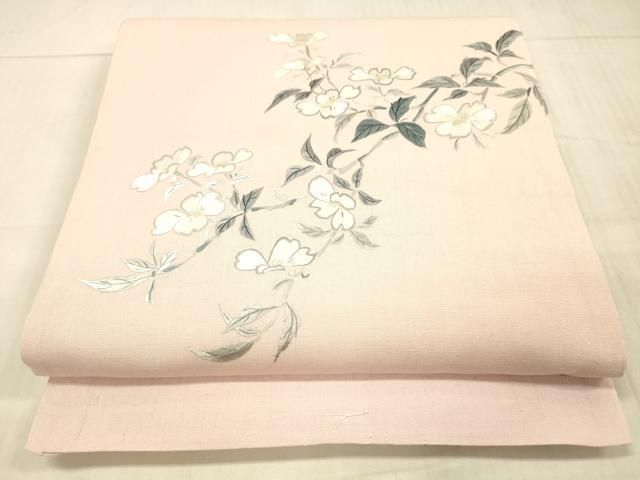 平和屋着物●太鼓柄袋帯 紬地 総刺繍 枝花文 正絹 逸品 DAAW4377cm