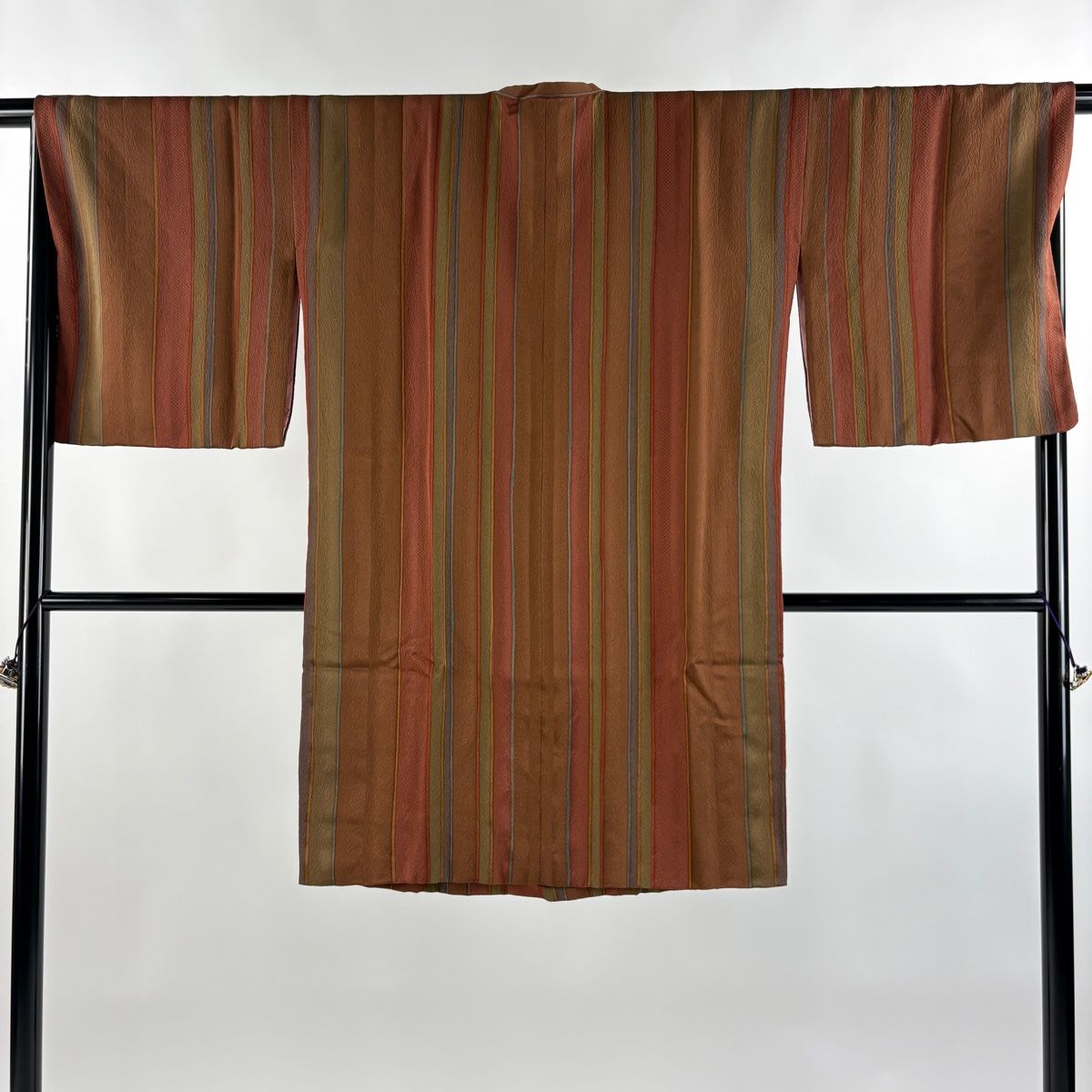 道行 身丈103cm 裄丈67cm M 和装コート 角衿 縞 茶色 正絹 名品