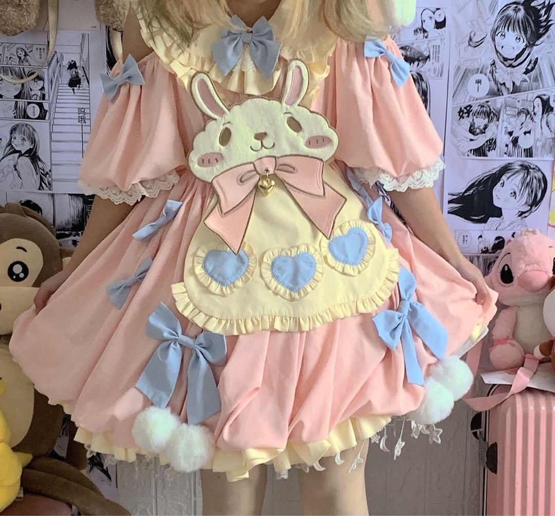 ロリータ 半袖ワンピース かわいいウサギ ジャンパースカート 甘