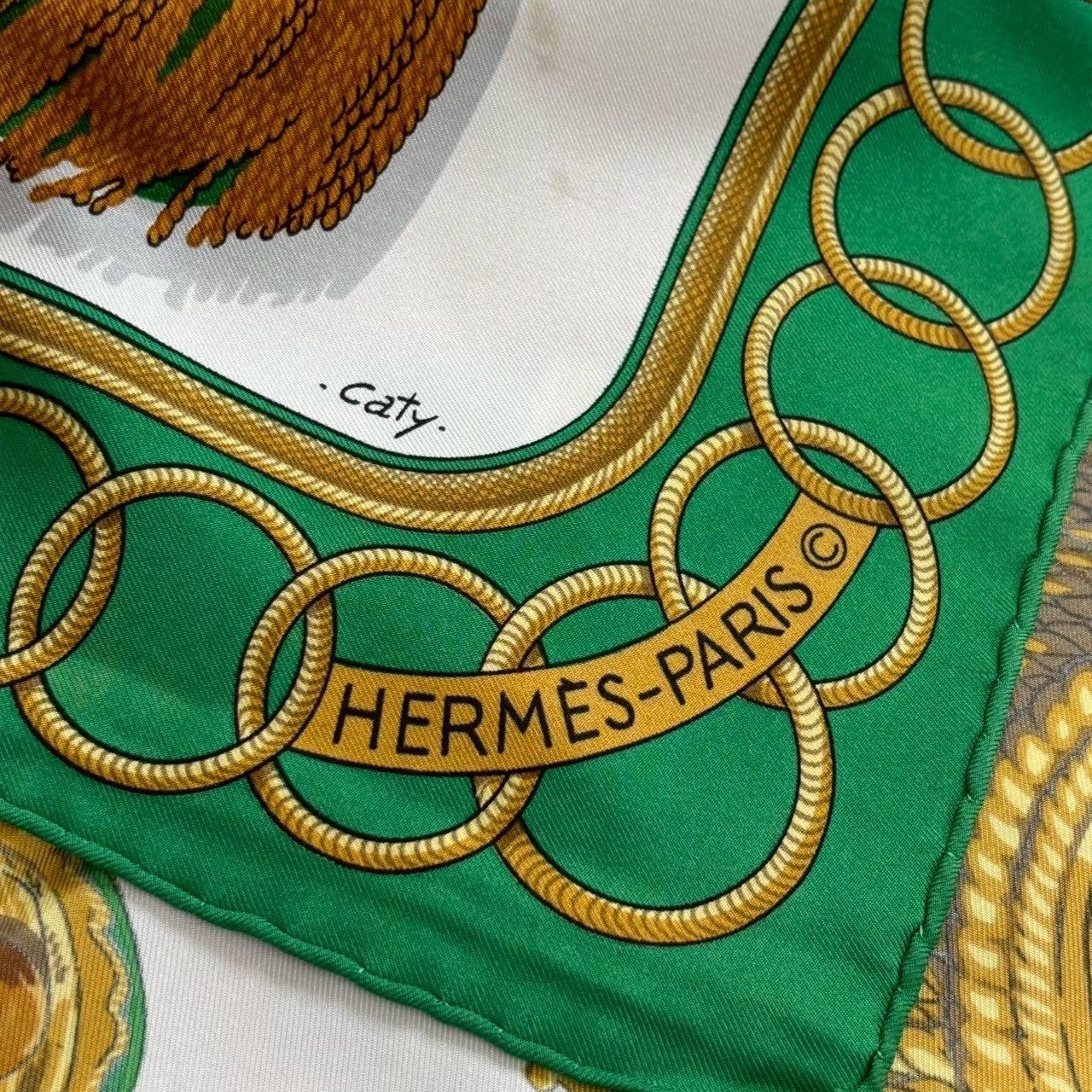 HERMES エルメス スカーフ 緑 金 caty Epaulettes カレ90 レディース