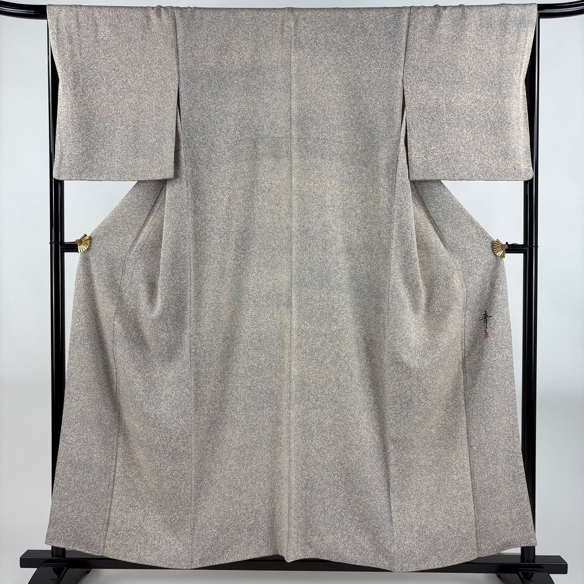 小紋 身丈157cm 裄丈67cm M 袷 松井青々 落款 幾何学模様 ピンクベージュ 正絹 名品 一つ紋