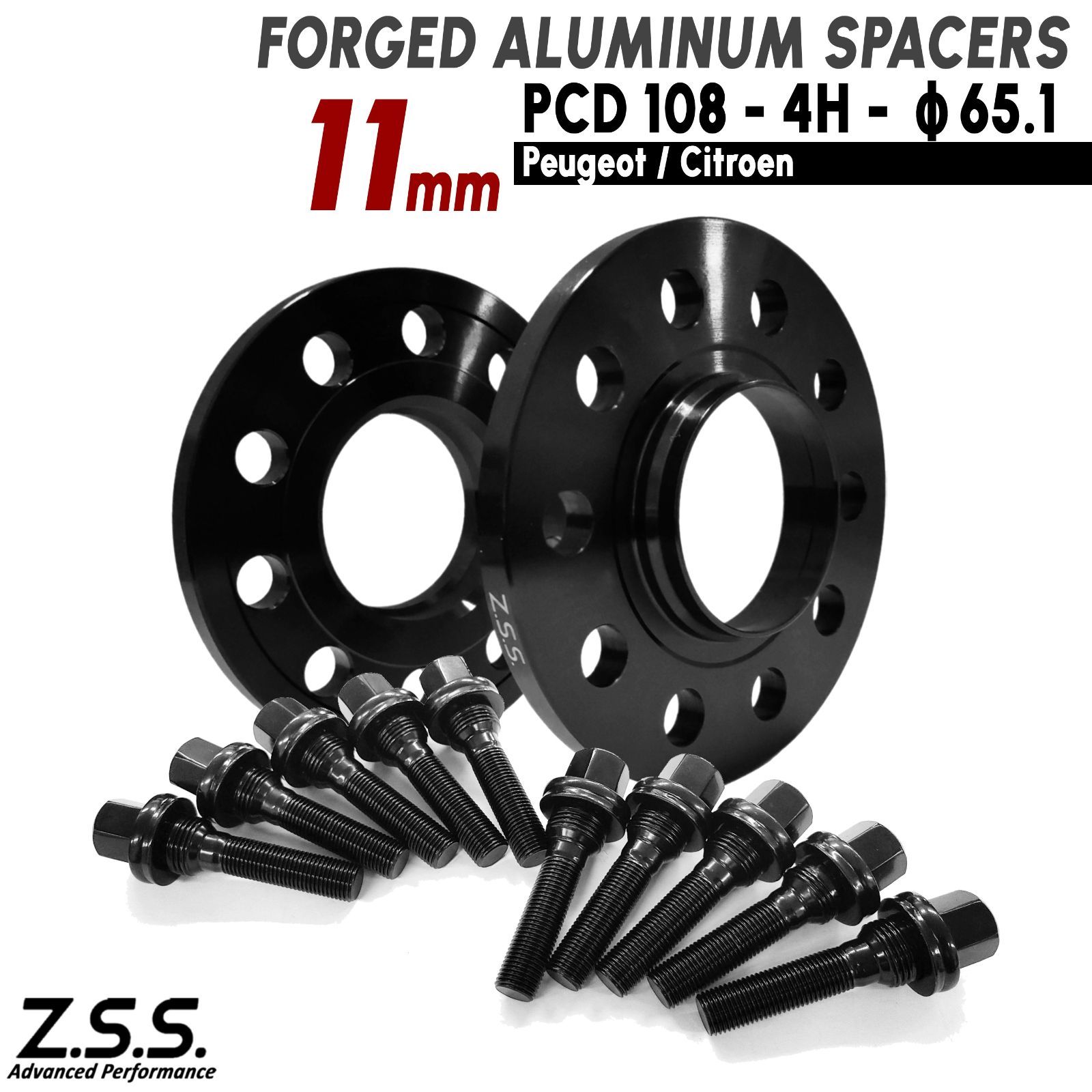 Z.S.S. AP 純正ホイール用 ボルト付き プジョー Peugeot 206 98~12 GH-T1 ABA-T1 スペーサー 厚み11mm PCD108 4穴 65.1φ 10mm