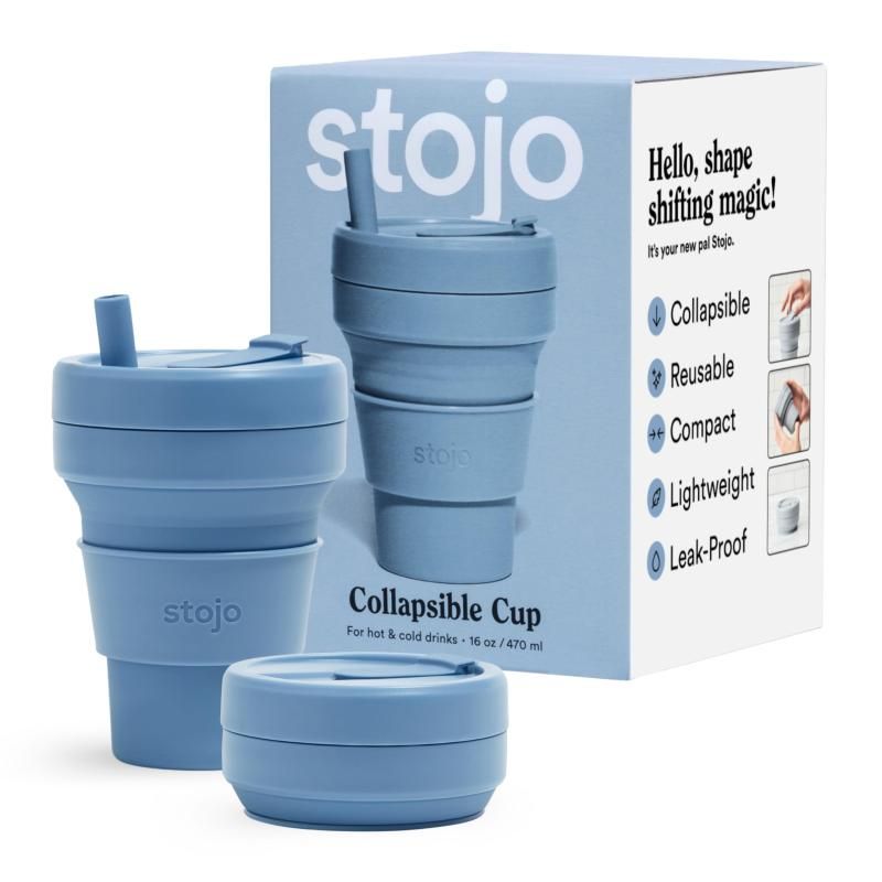 STOJO 折りたたみ式トラベルカップ ストロー付き - スチールブルー 16オンス / 470ml - 再利用可能 持ち運び用ポケットサイズ シリコンボトル ホットu0026amp-コールドドリンク用 -