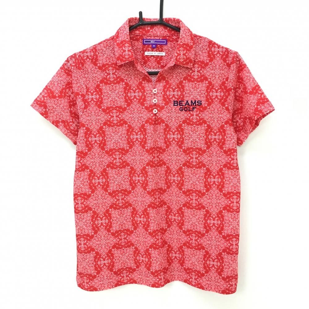 【超美品】ビームスゴルフ 半袖スキッパーシャツ レッド×白 総柄 ストレッチ レディース M ゴルフウェア BEAMS GOLF