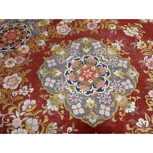 袋帯 振袖用 USED 正絹 仕立て上がり 赤茶 菱 宝相華 No01 六通柄 振袖  