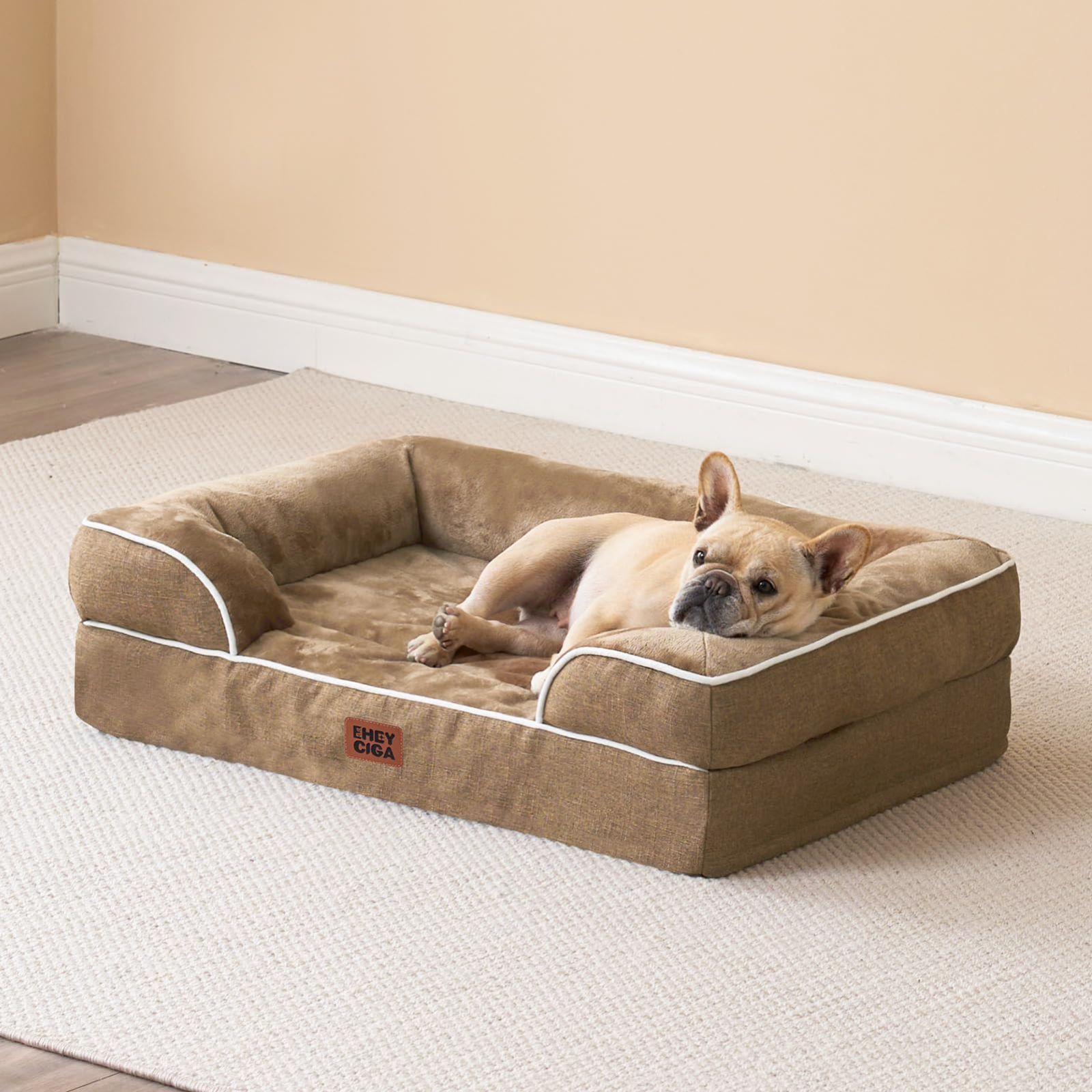 中型犬 大型犬(89x56x16.5cm，カーキ) オールシーズン 滑り止め 取り外せるカバー 高反発 クッション 犬用 洗える ベッド ベッド 猫 防水 ペットベッド 冬 犬 EHEYCIGA