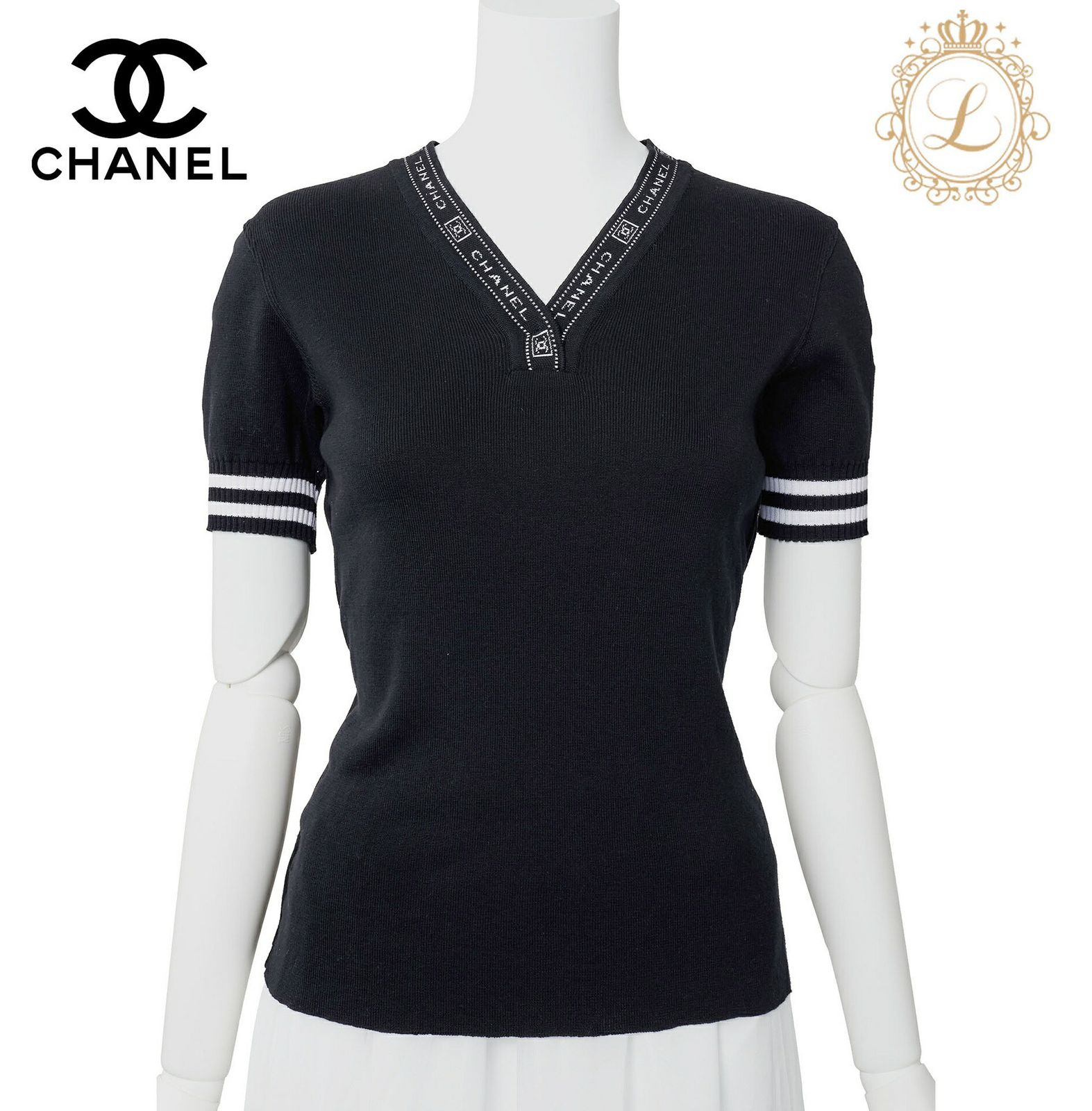 CHANEL スポーツ黒 Vネック 半袖トップス CHANEL スポーツ黒 Vネック 半袖トップス