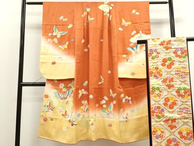 407ag62◎七五三 7歳 全通袋帯 ハーフ成人式 蝶に立湧 金糸◎美品 七五三レンタル(7歳女児袋帯) 7892 高級正絹 水色総絞り 鞠刺繍