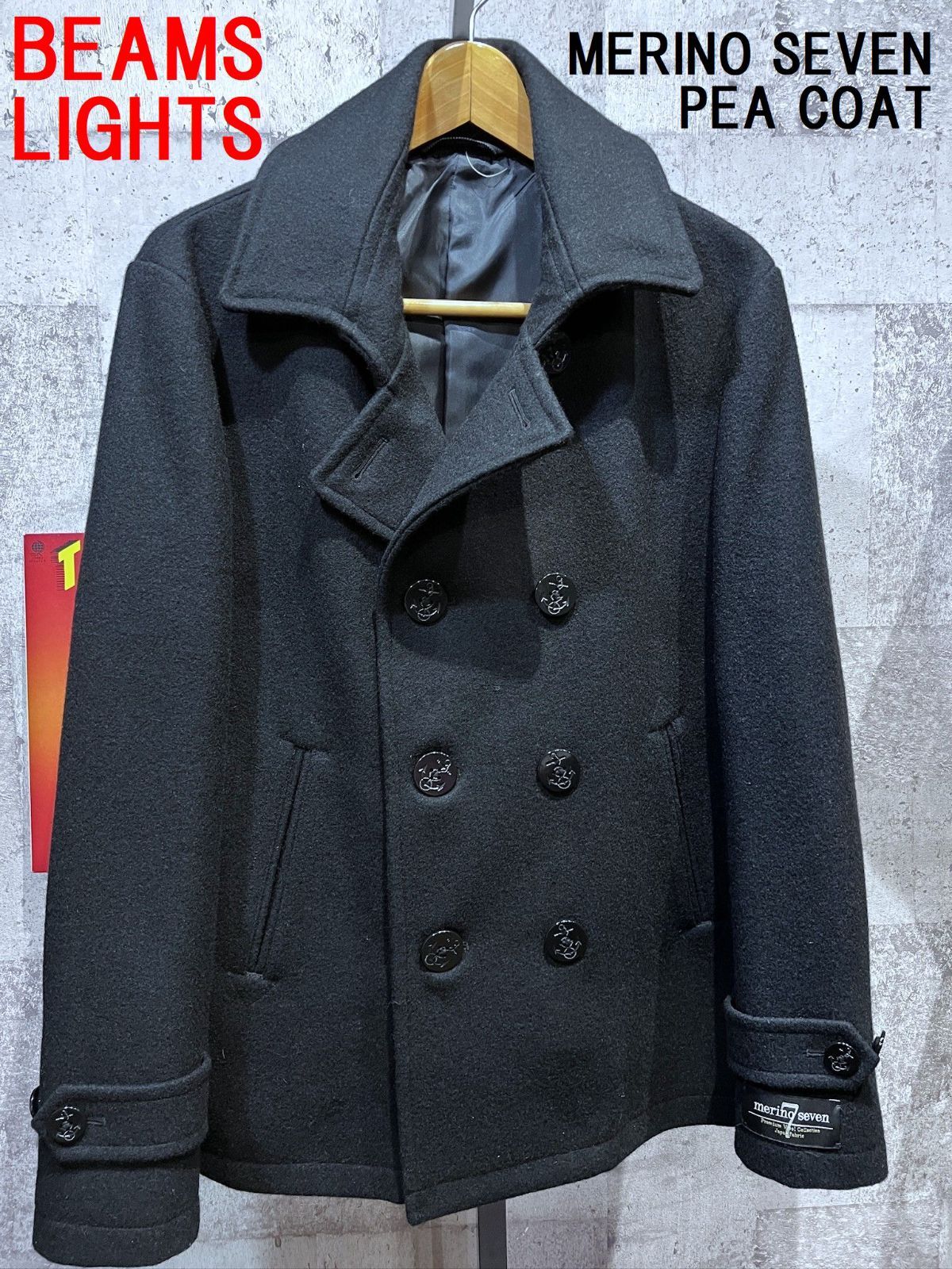 美品 BEAMS LIGHTS merino seven プラチナメルト ショート ピーコート 黒 XL ビームスライツ Pコート ブラック