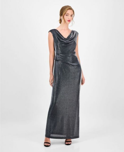送料無料 コネクテッド レディース ワンピース トップス Women s Knit Draped-Neck Metallic Gown SILVER