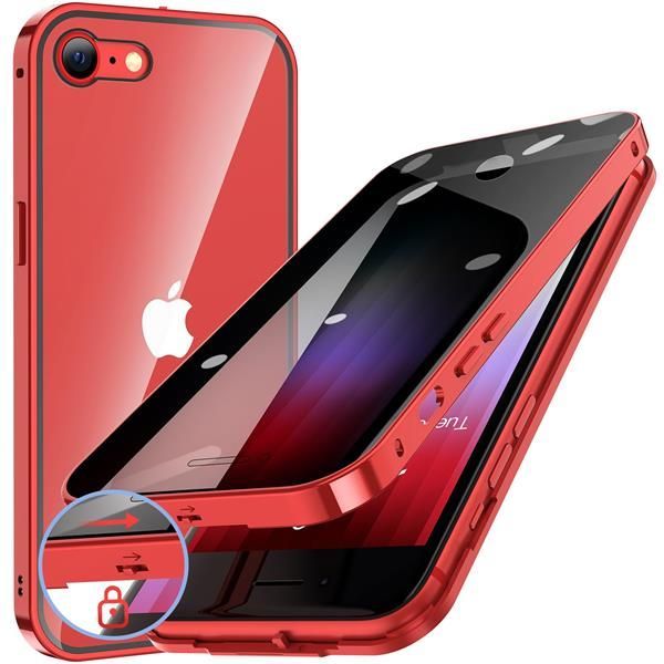 iPhone SE3/SE2/8/7_レッド HGUTREY【覗き見防止・自動ポップアップボタン】 iPhone SE3 用 ケース 第3世代 2022 iPhone SE2 8 7 用 ケース 【ロック付き】【ストラップホール付き】 両面9H強化ガラス 耐衝